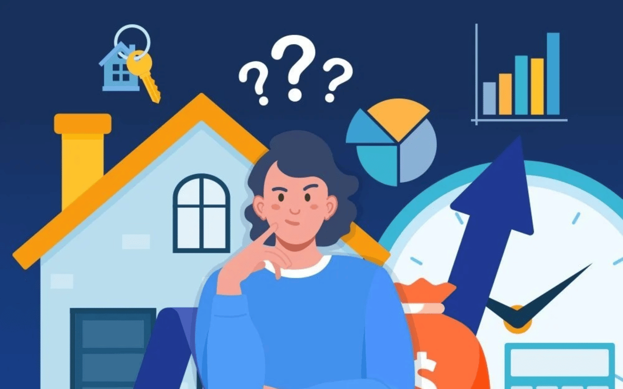 Illustration of a woman considering whether to sell a house, surrounded by market charts, a clock, and a key.