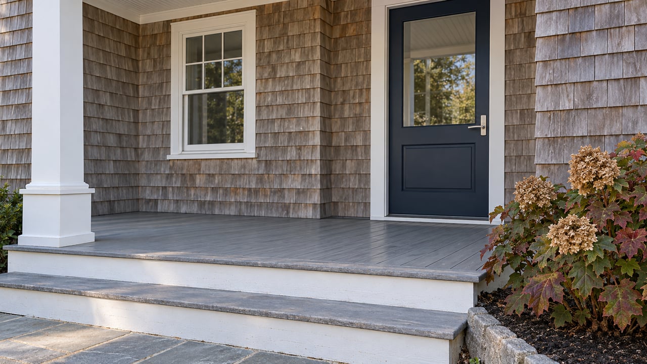 Cedar-shingled home entry with a navy glass-paneled door, white trim, gray porch steps and oakleaf hydrangea.