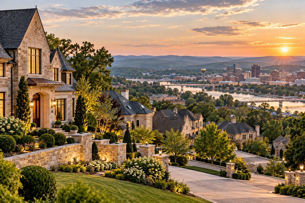 Luxury estate homes overlooking the Tennessee River and downtown Knoxville skyline, featuring elegant architecture, manicured landscaping, and scenic mountain views, representing Knoxville’s wealthiest neighborhoods and upscale real estate communities.