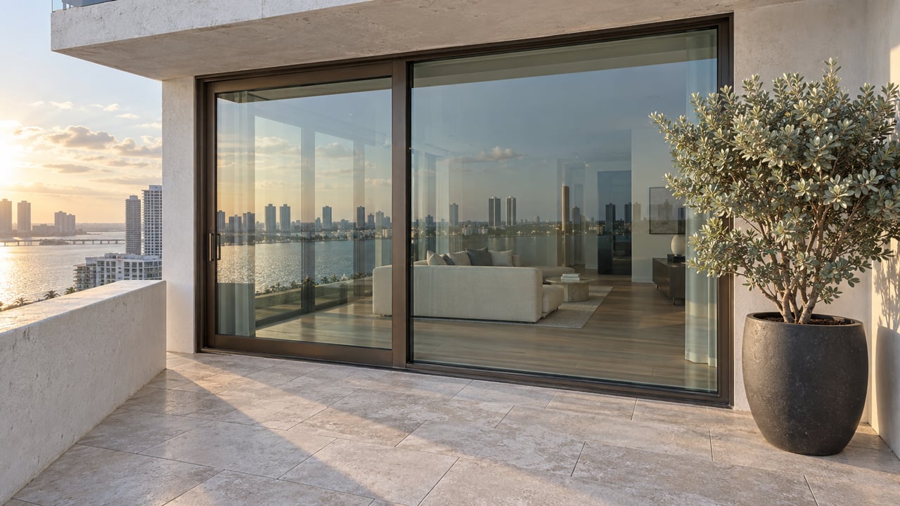 High-rise condo balcony with a potted silver buttonwood beside bronze-framed glass doors and an ivory sofa.