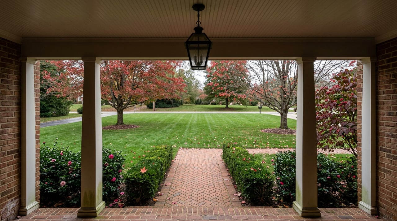 Brick entry frames a herringbone walk through a leaf-scattered lawn, flanked by scarlet maples and clipped boxwood.