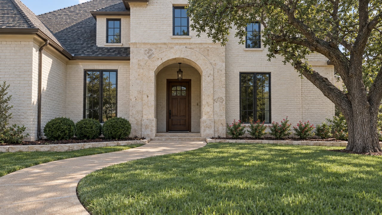 Cream brick and limestone home with an arched oak entry, dark-framed windows, a broad lawn and a mature oak beside the approach.