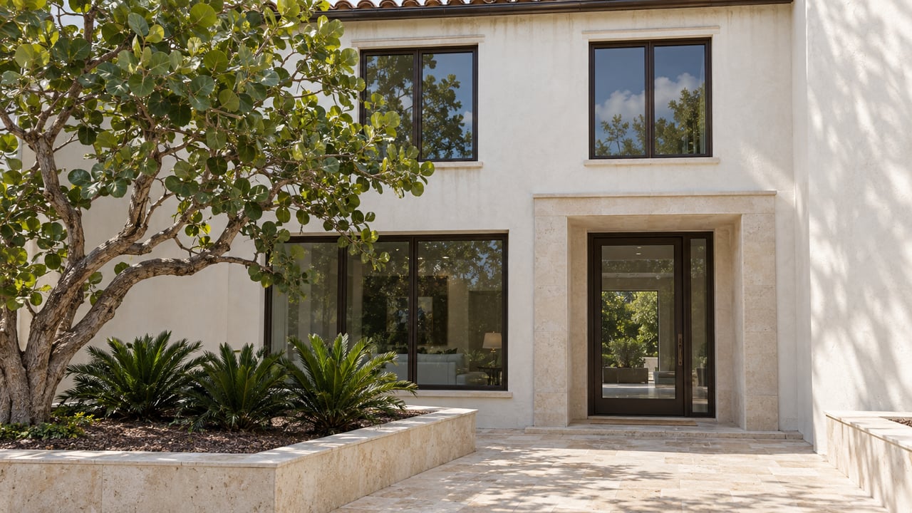 Coastal townhouse with bronze-framed windows, a recessed glass door, and a sea grape beside its shellstone entry.