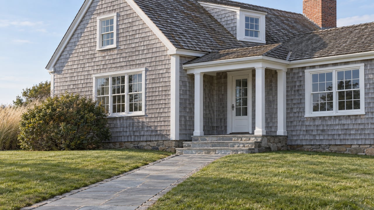 Weathered cedar-shingled home with white-trimmed windows, a covered entry and a bluestone walk across an autumn lawn.
