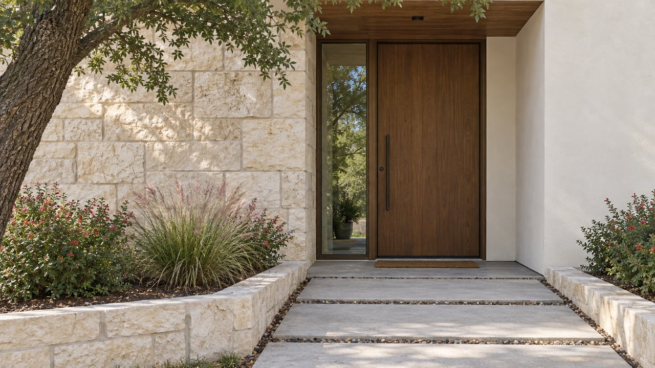 Recessed wood entry with a bronze-framed sidelight, limestone and stucco walls, and a slab walkway beneath an oak.