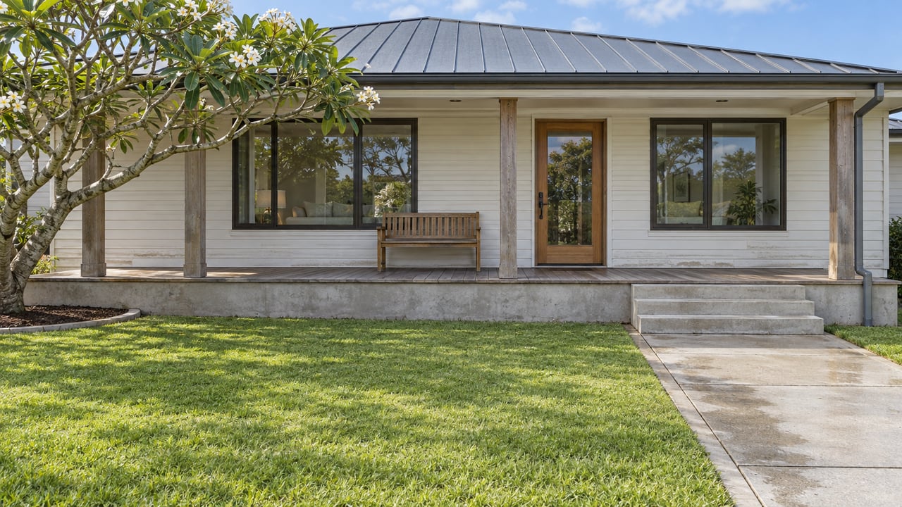 A single-story coastal home with weathered timber porch, dark metal roof, broad lawn and a flowering plumeria tree in clear morning light.