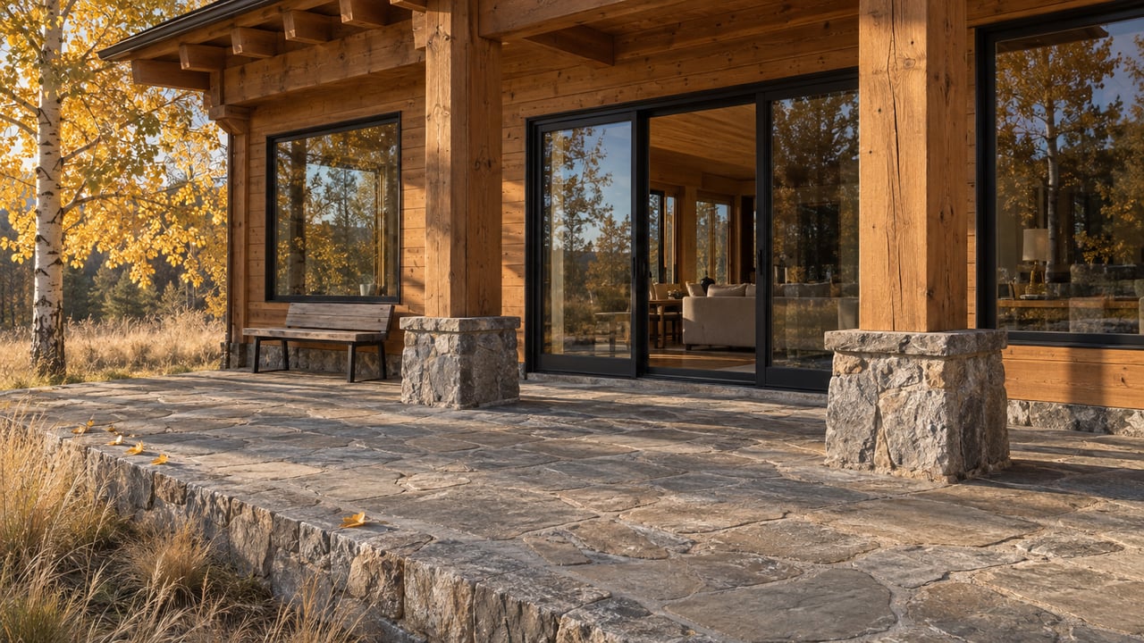 Autumn light on a timber home's stone terrace, closed glass doors, substantial porch posts and a golden-leaved aspen beside the terrace edge.