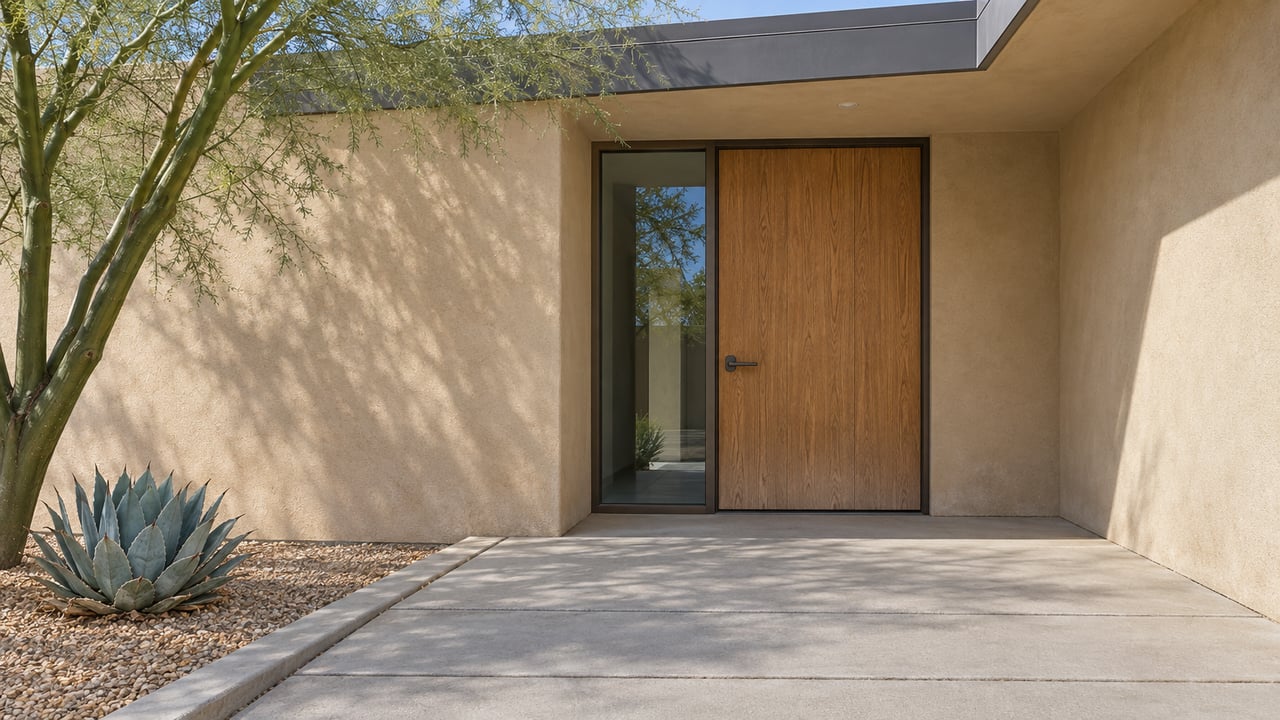 Sunlit stucco entrance with an oak door, bronze-framed sidelight, concrete landing, blue-gray agave and a green-trunked tree.