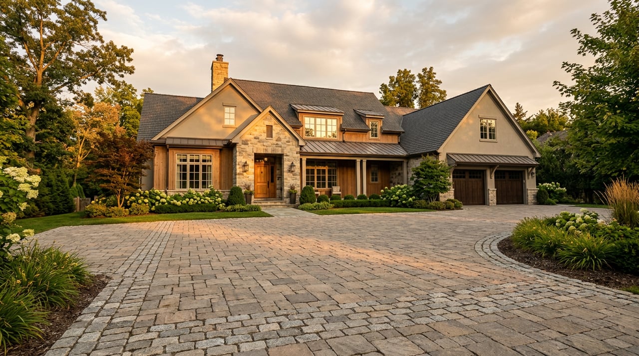 Home with a stone base and wraparound porch, viewed across a broad motor court.