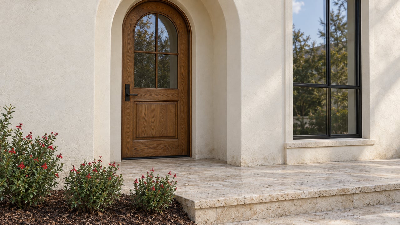 Close view of an arched oak entrance in ivory stucco, with a black-framed window, limestone porch and red-flowering autumn sage.
