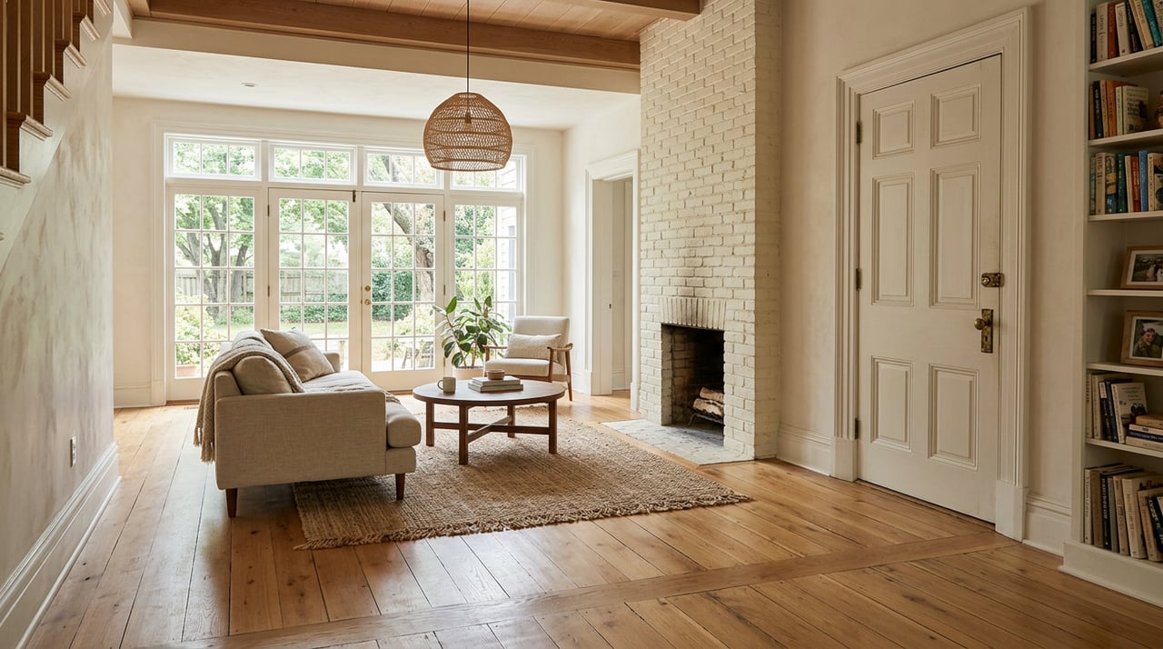 Living room with a white-painted brick fireplace, oatmeal sofa, walnut coffee table, and rattan pendant light.