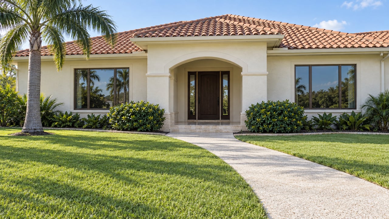 Cream stucco home with a terracotta-tile roof, arched entry, shell-aggregate walkway, and a mature palm beside a deep green lawn.