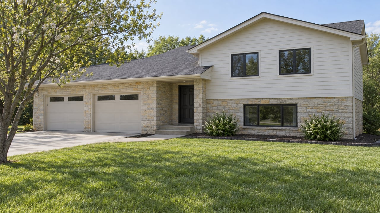 Split-level home with cream stone lower walls, white siding, attached garage, and broad green lawn.