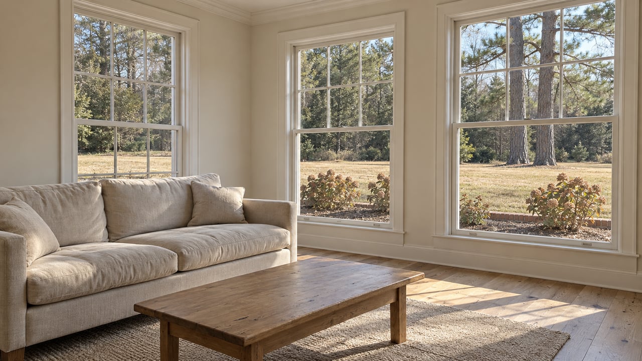 Sunlit cream sitting room with linen seating, pale oak flooring and tall windows overlooking a lawn and mature pines.