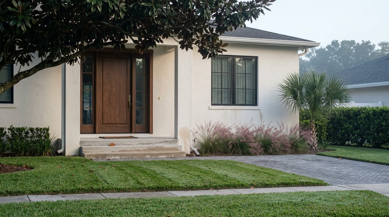 Stucco home entrance with a walnut-colored door, shaded portico, striped lawn, and paver driveway.