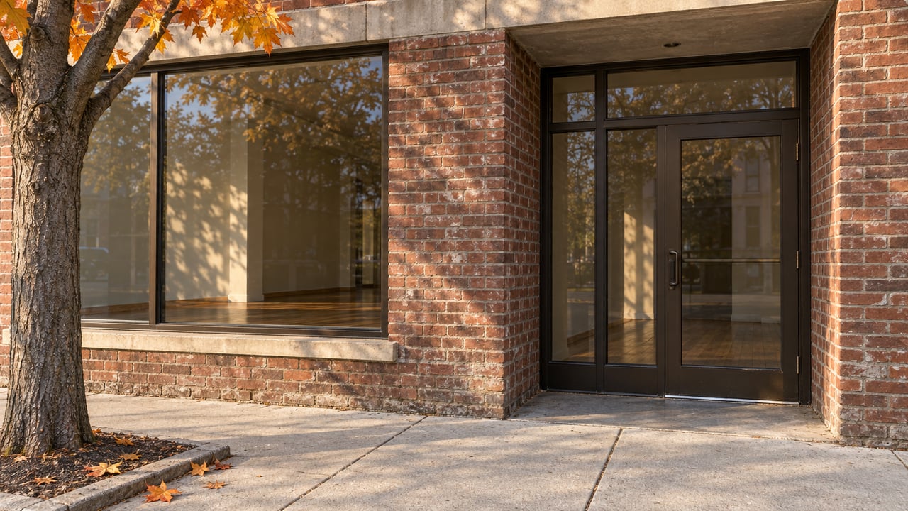 Brick commercial storefront with large windows, a glass entrance, and autumn leaves along the sidewalk.