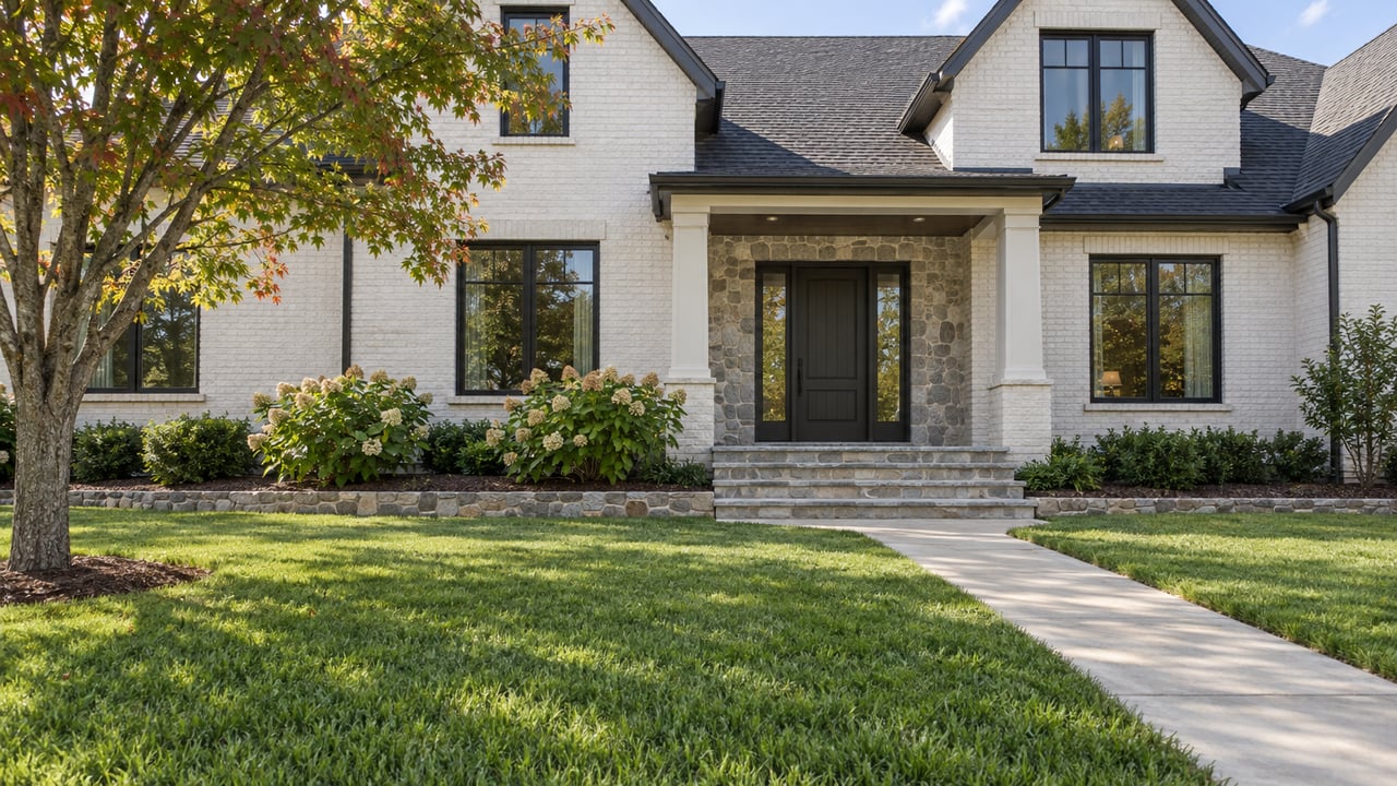 Updated white-painted brick home with steep charcoal gables, black windows, a stone entry and a broad green front lawn.