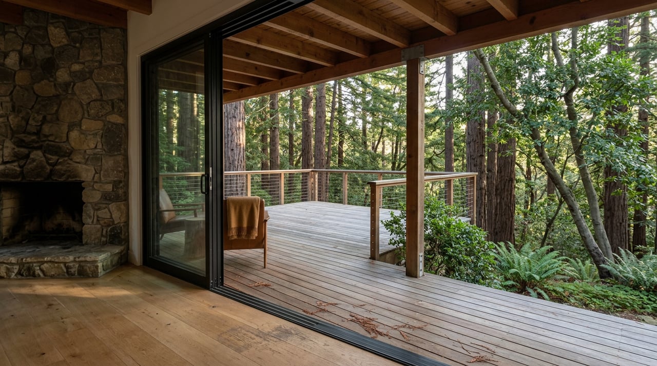 A reading chair faces a raised cedar deck, with redwood trunks covering the slope beyond.