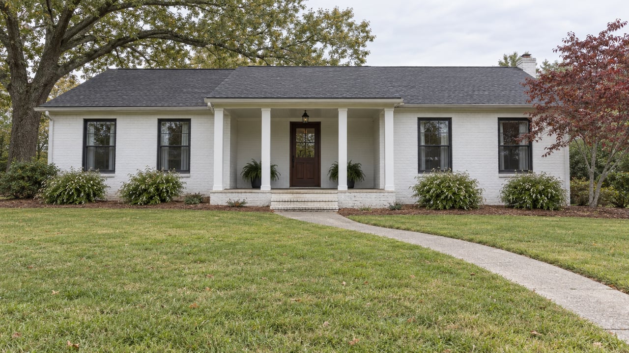 White-painted brick home with a recessed porch, deep front lawn, mature oak and gently curving concrete walk.