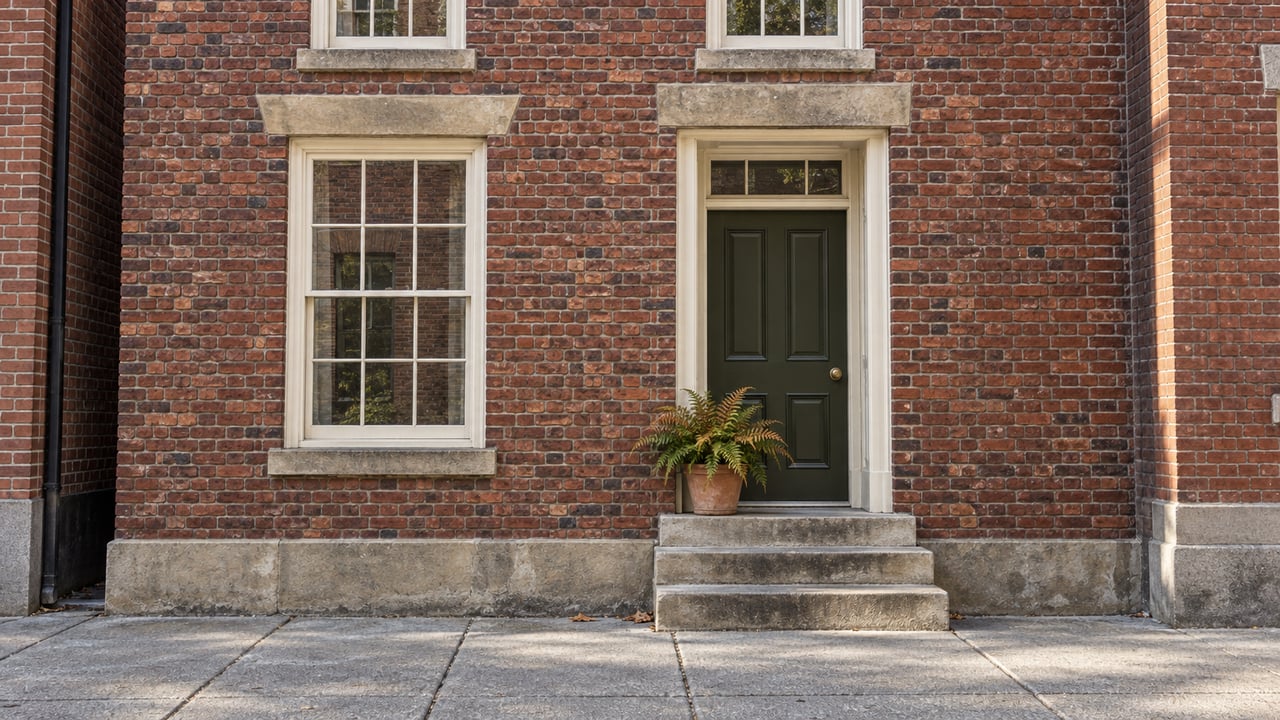 Red brick rowhouse entrance with an olive timber door, ivory sash windows and worn limestone steps in clear morning light.