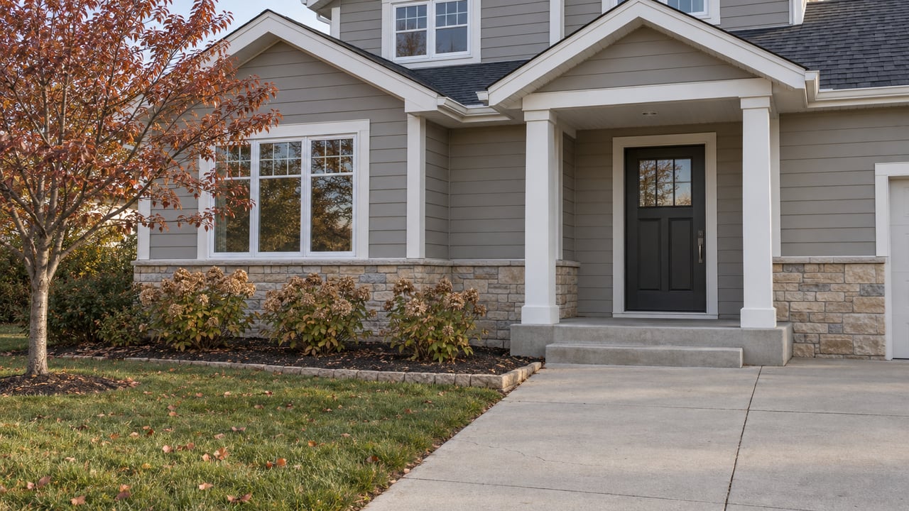 Greige suburban home with a covered entry, limestone base, concrete approach and autumn serviceberry beside the lawn.