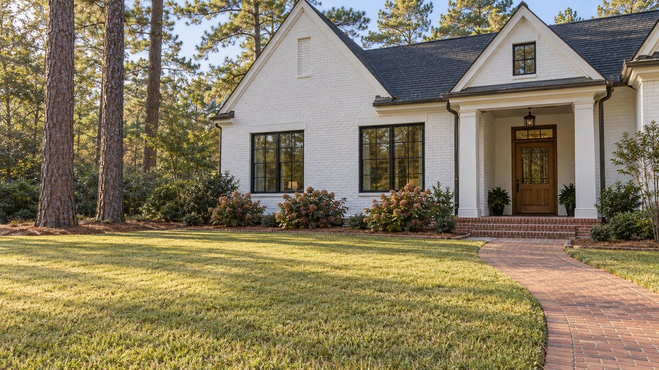 Morning light across a broad lawn, mature longleaf pines and a white brick home with a covered entry.