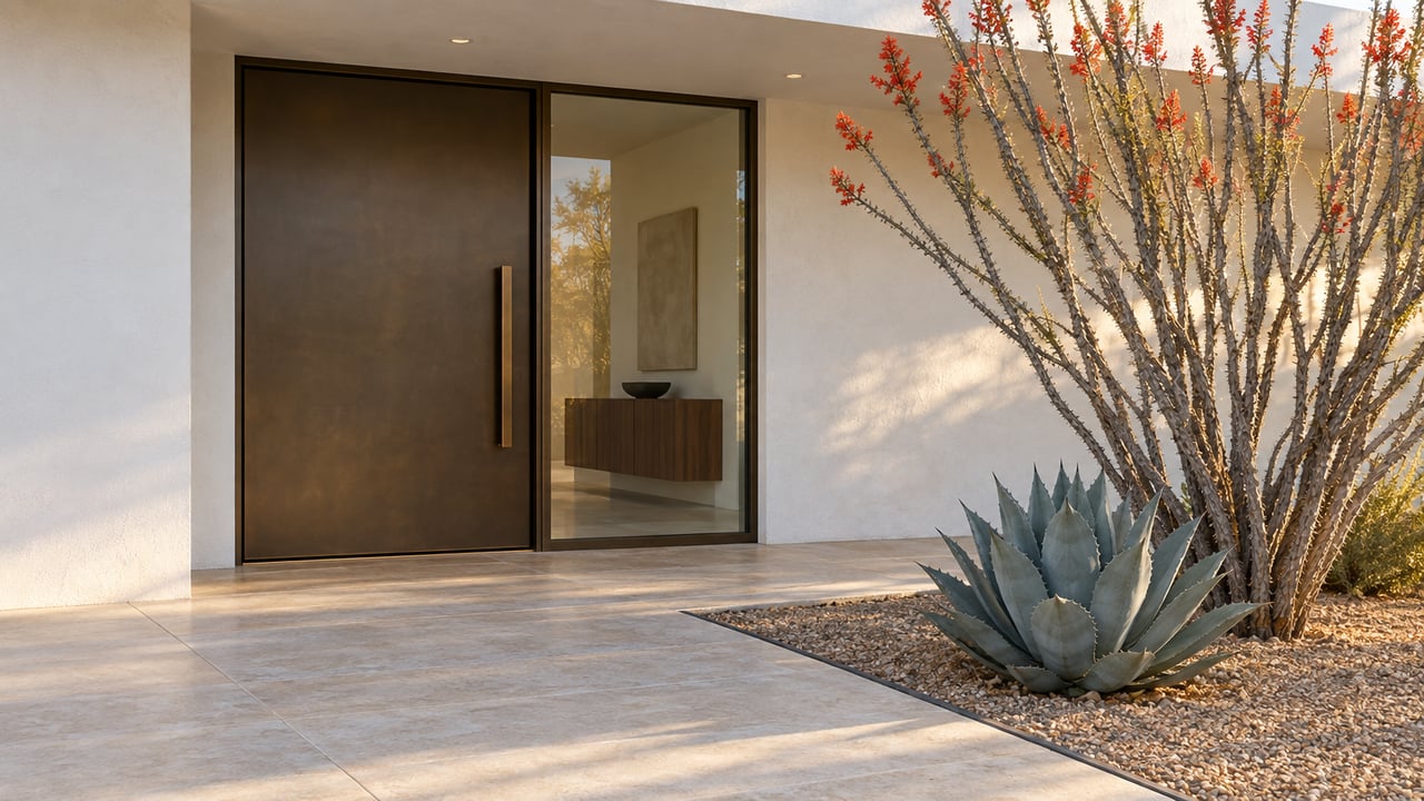 White stucco entry with a bronze door, limestone approach, and desert plants beside the facade.