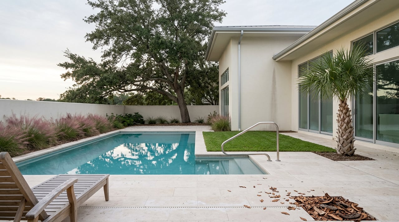 Rectangular turquoise pool beneath a live oak canopy, beside a cream stucco home and pale stone deck.
