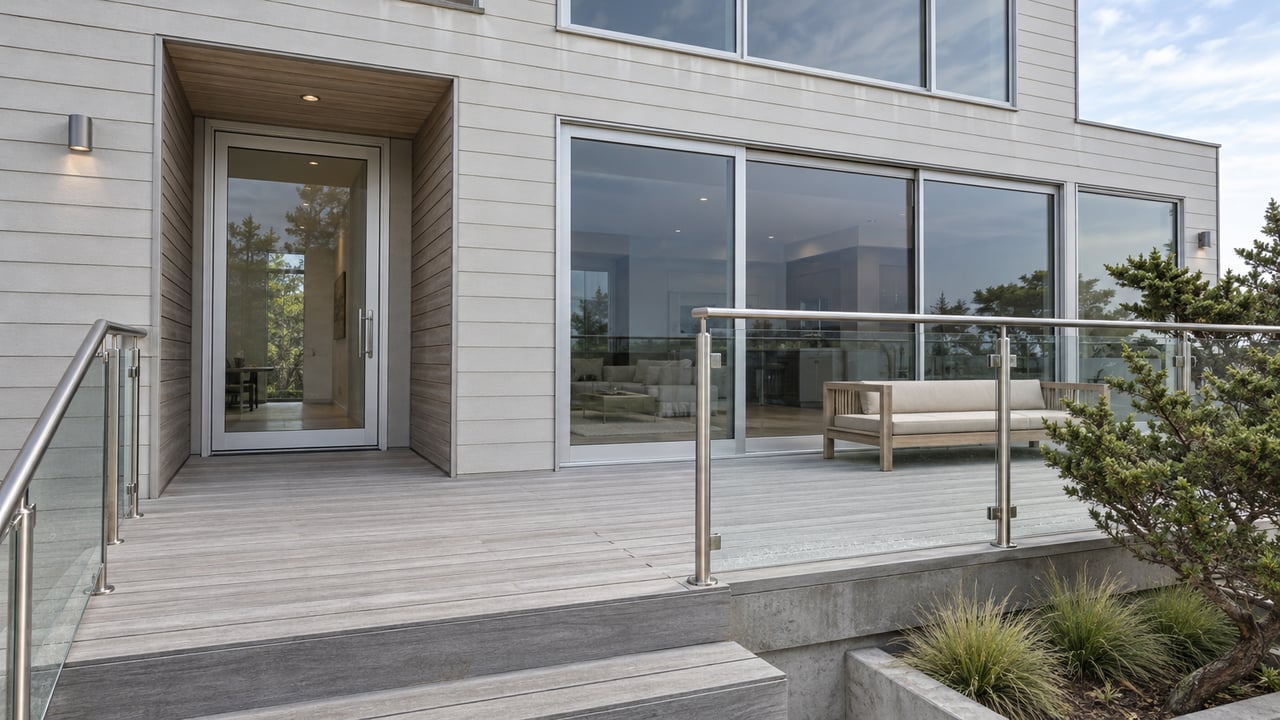 Elevated contemporary house entry with pale gray siding, silvered decking, expansive glazing and a glass-railed terrace.