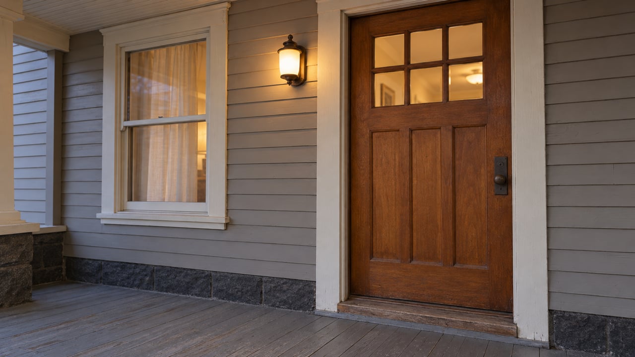A fir front door and closed sash window glow warmly above a weathered painted porch at blue hour.