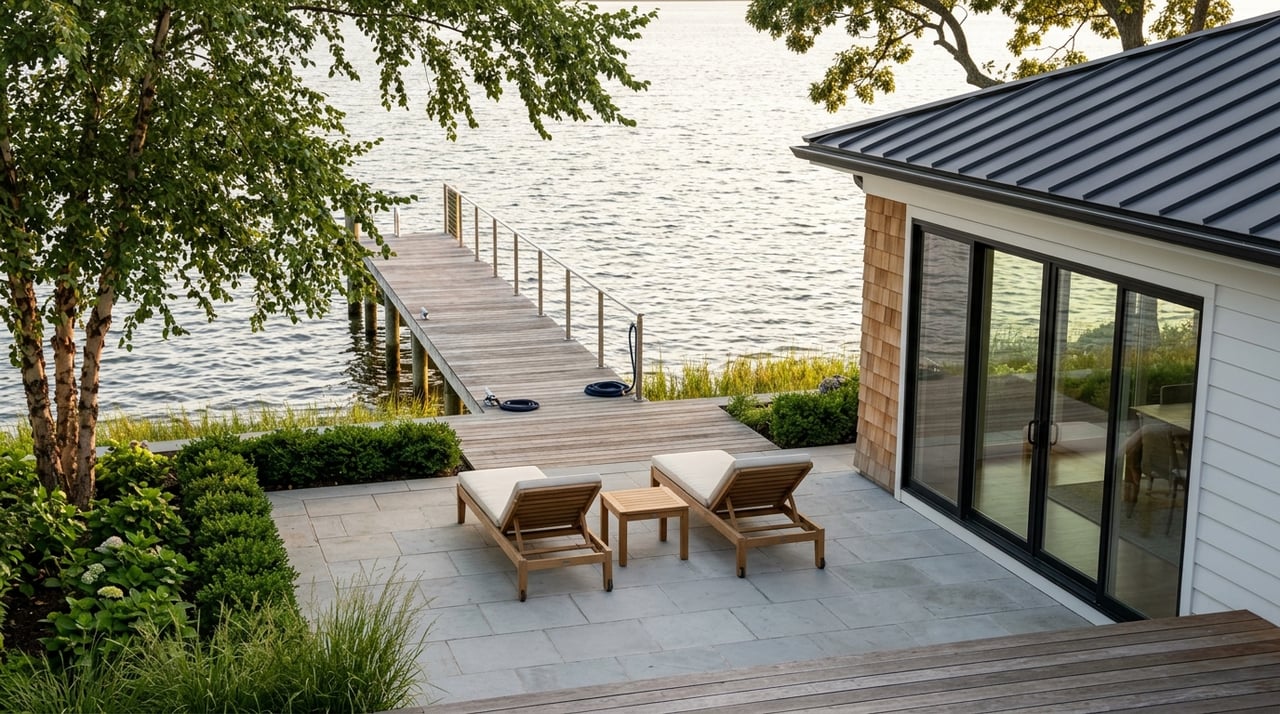 Waterfront backyard terrace with a private pier beside a modern-traditional home.