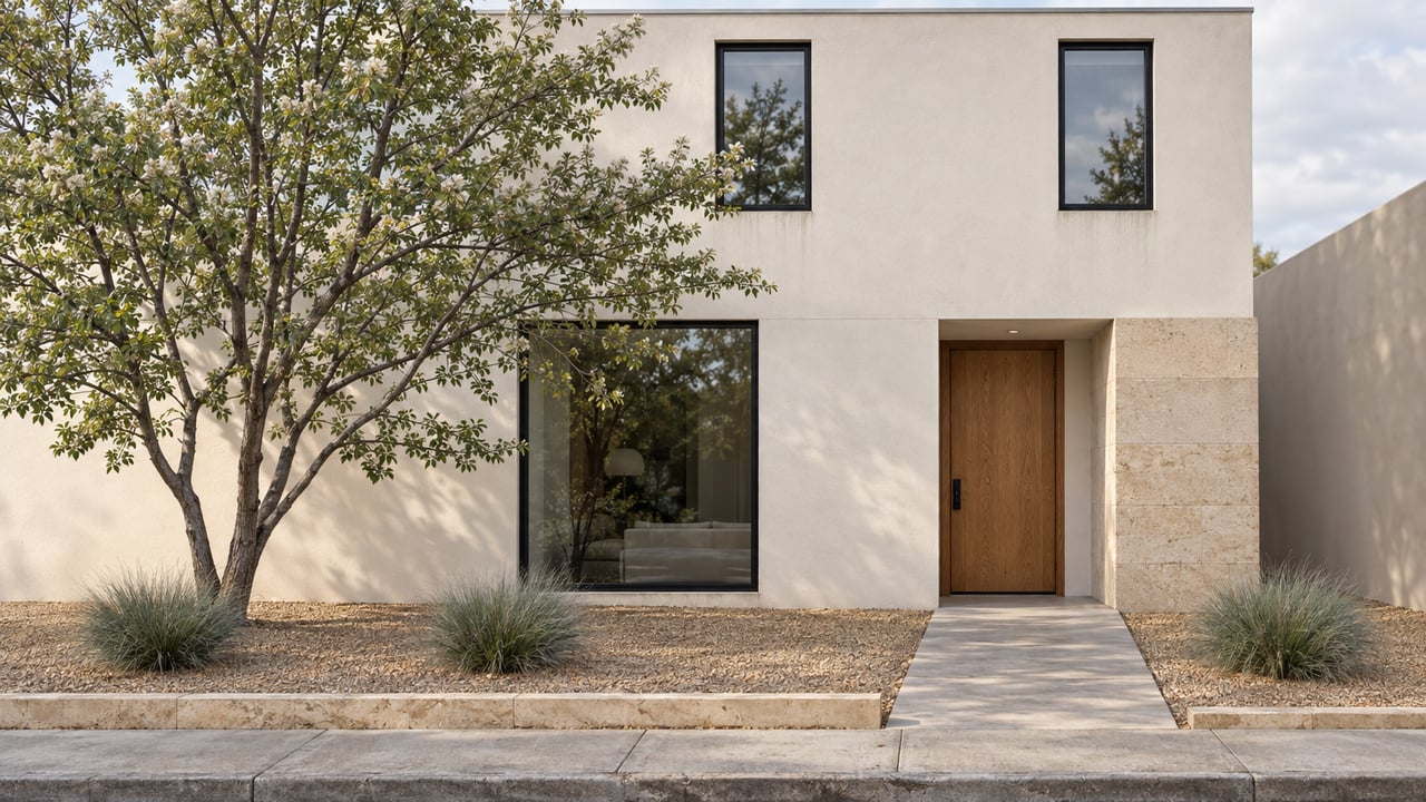 Compact ivory stucco home with black-framed windows, oak entry door, and a serviceberry in its gravel front court.
