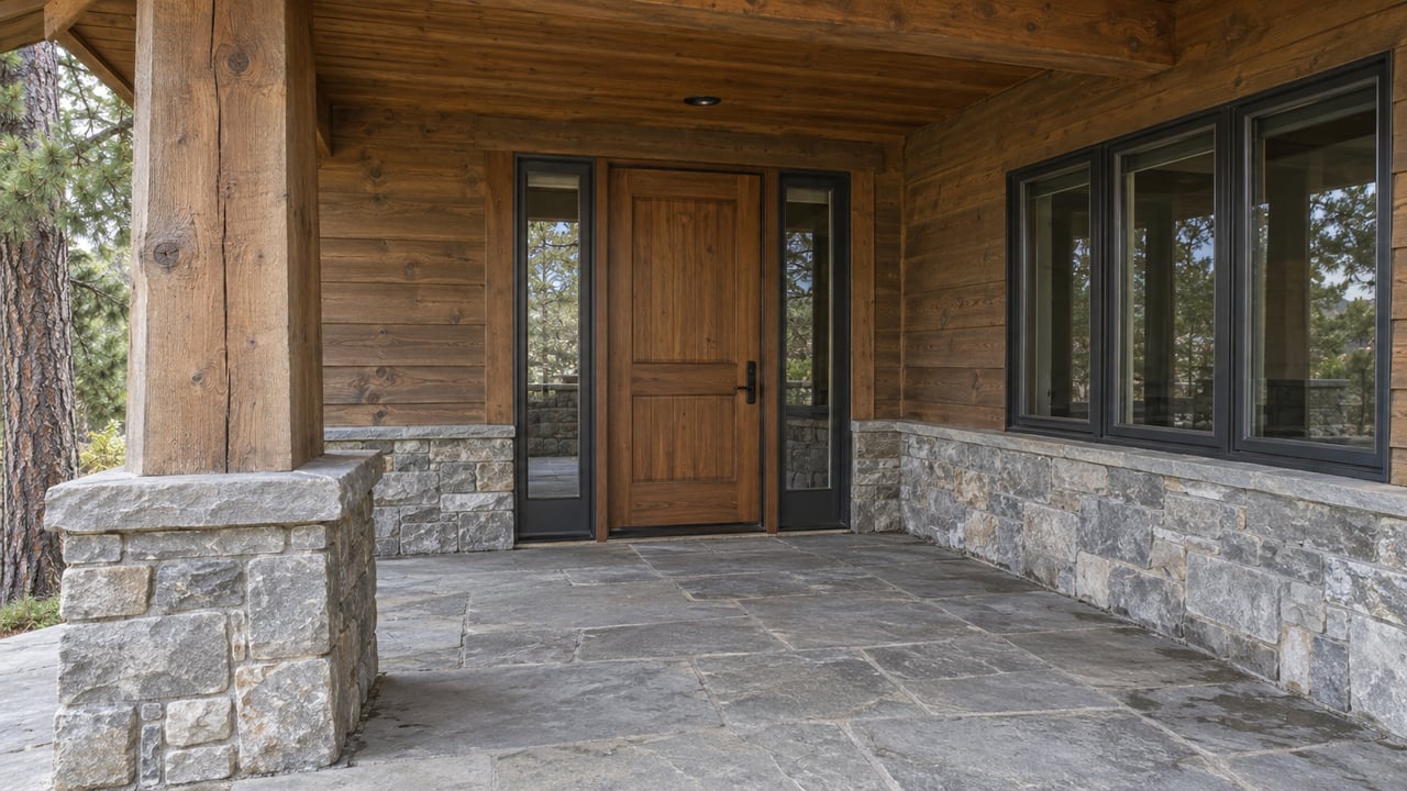 Covered home entry with weathered timber beams, gray stone paving, cedar siding and dark-framed windows.