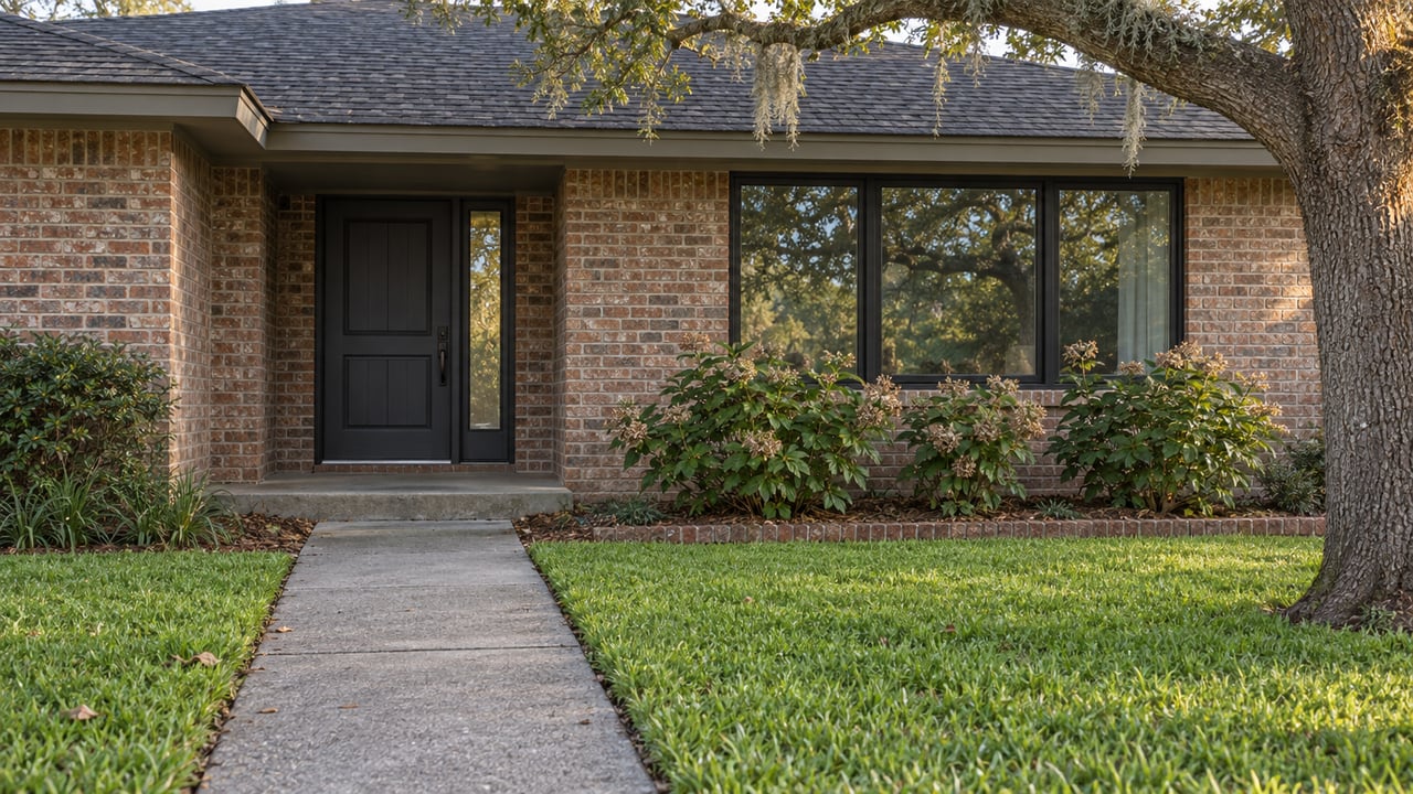 Shaded brick ranch entry with a concrete walk, black-framed window, live oak and oakleaf hydrangeas.