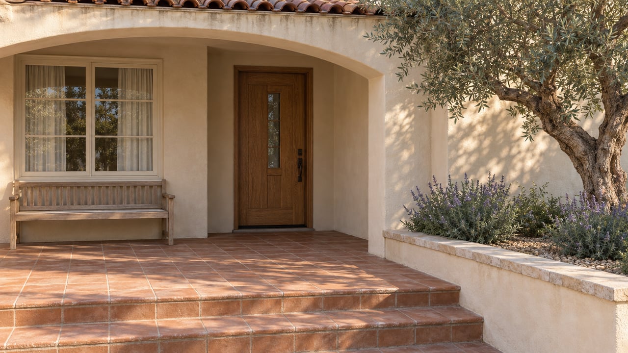 Sunlit stucco home entrance with an oak door, terracotta terrace, wood bench and mature olive tree in a raised planter.