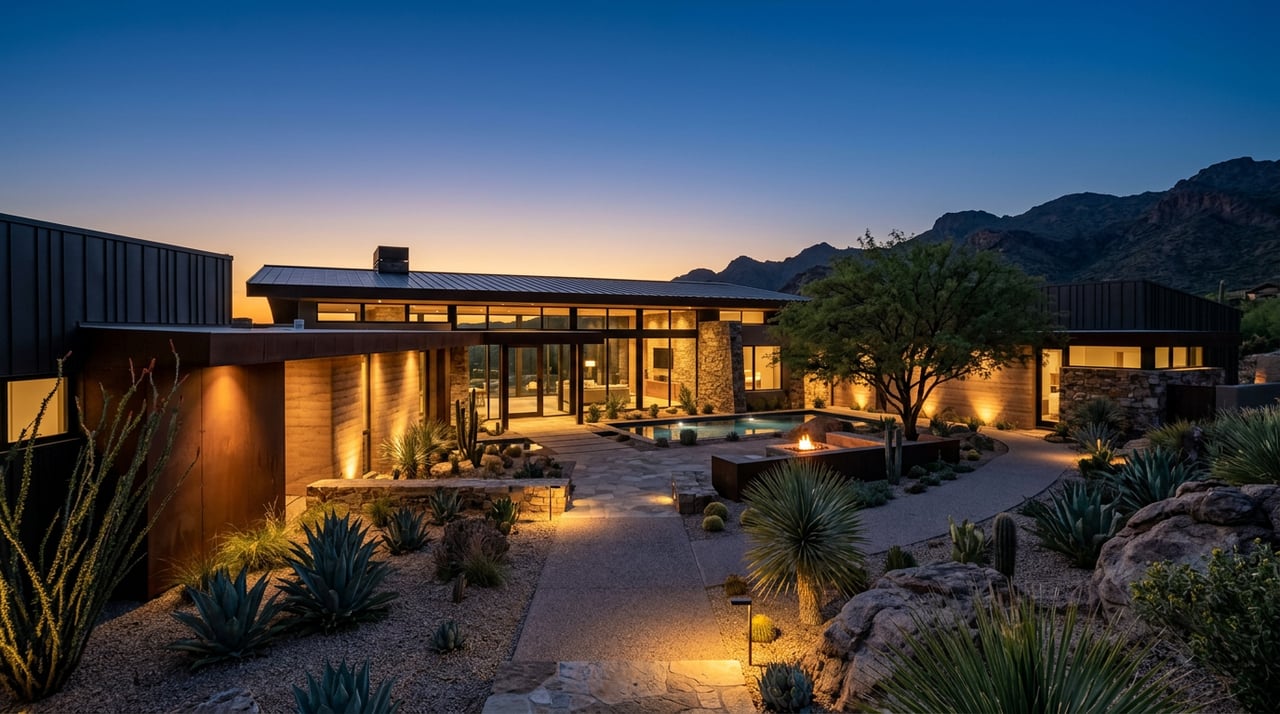 Desert-modern estate courtyard with warm-lit facade and pathways beneath an indigo dusk sky.