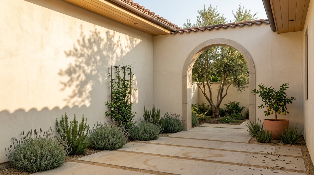 Garden arch frames limestone stepping stones, lavender, olive branches, and a fruiting potted lemon tree.