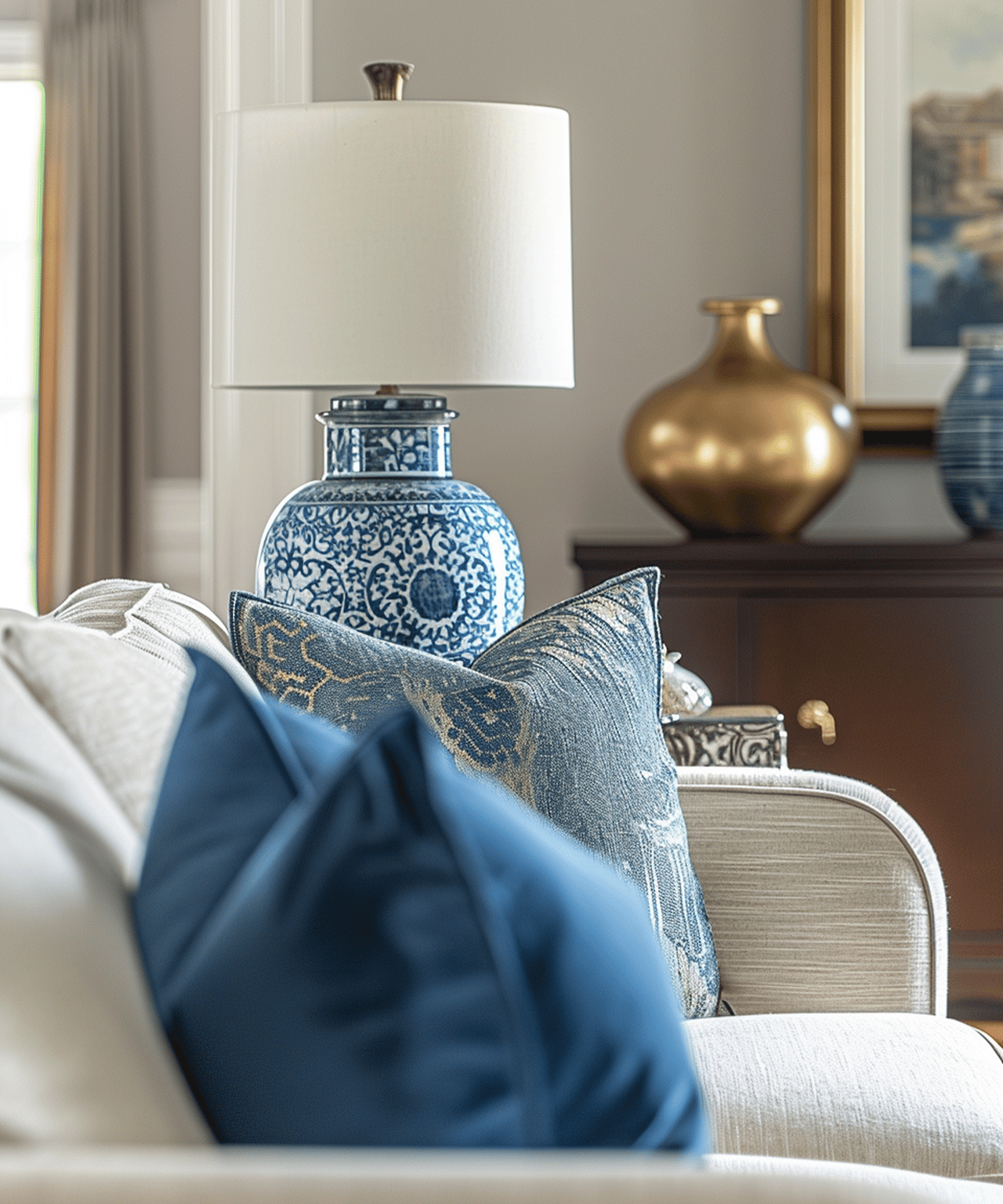 Living room with blue patterned cushions, a ceramic lamp, and a gold vase.
