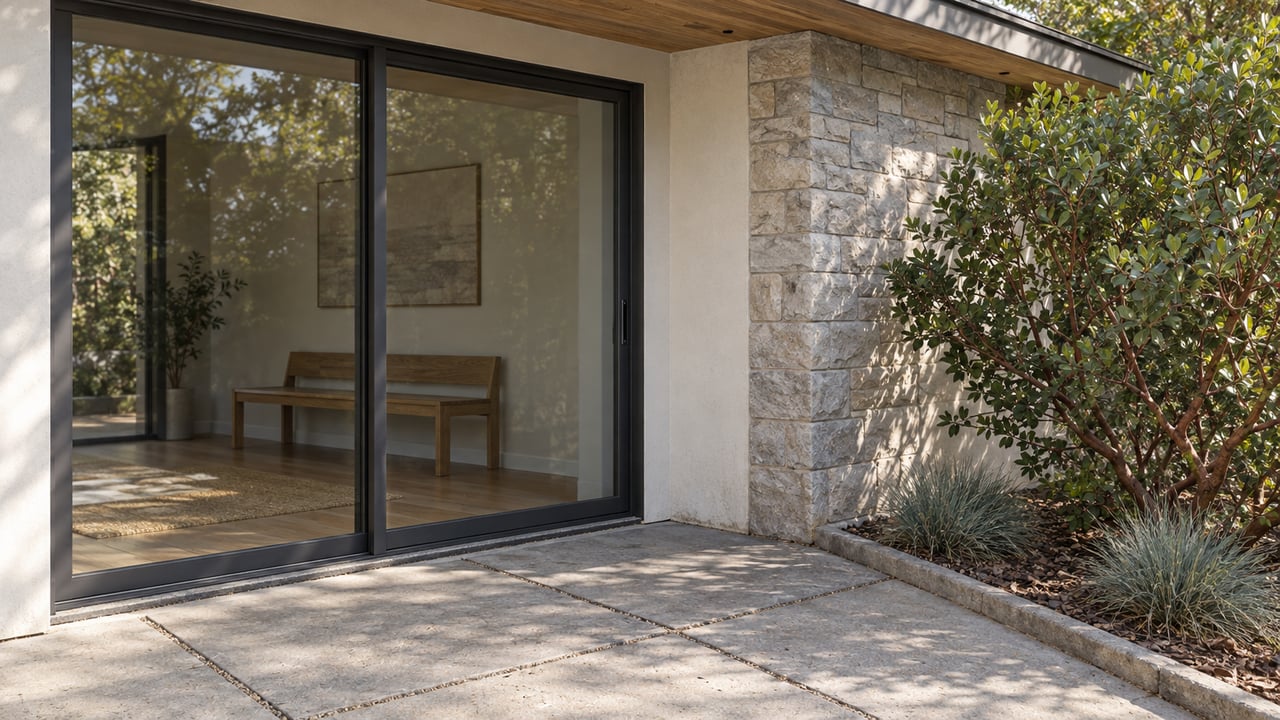 Close view of a contemporary home's glazed terrace doorway, oak soffit, pale stone and a sculptural manzanita beside gray paving.