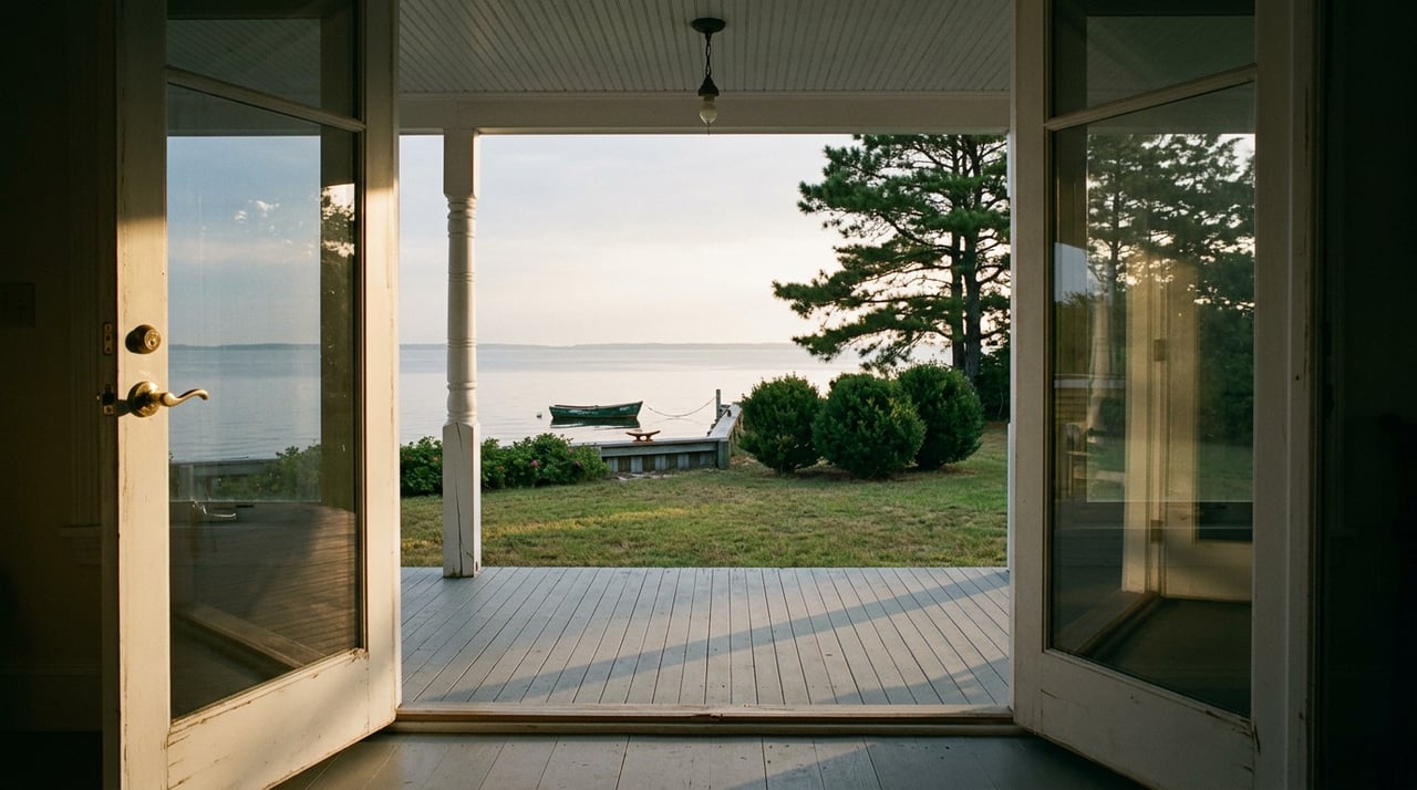 View through open French doors across a porch and lawn to a moored green skiff by a wooden shoreline bulkhead.