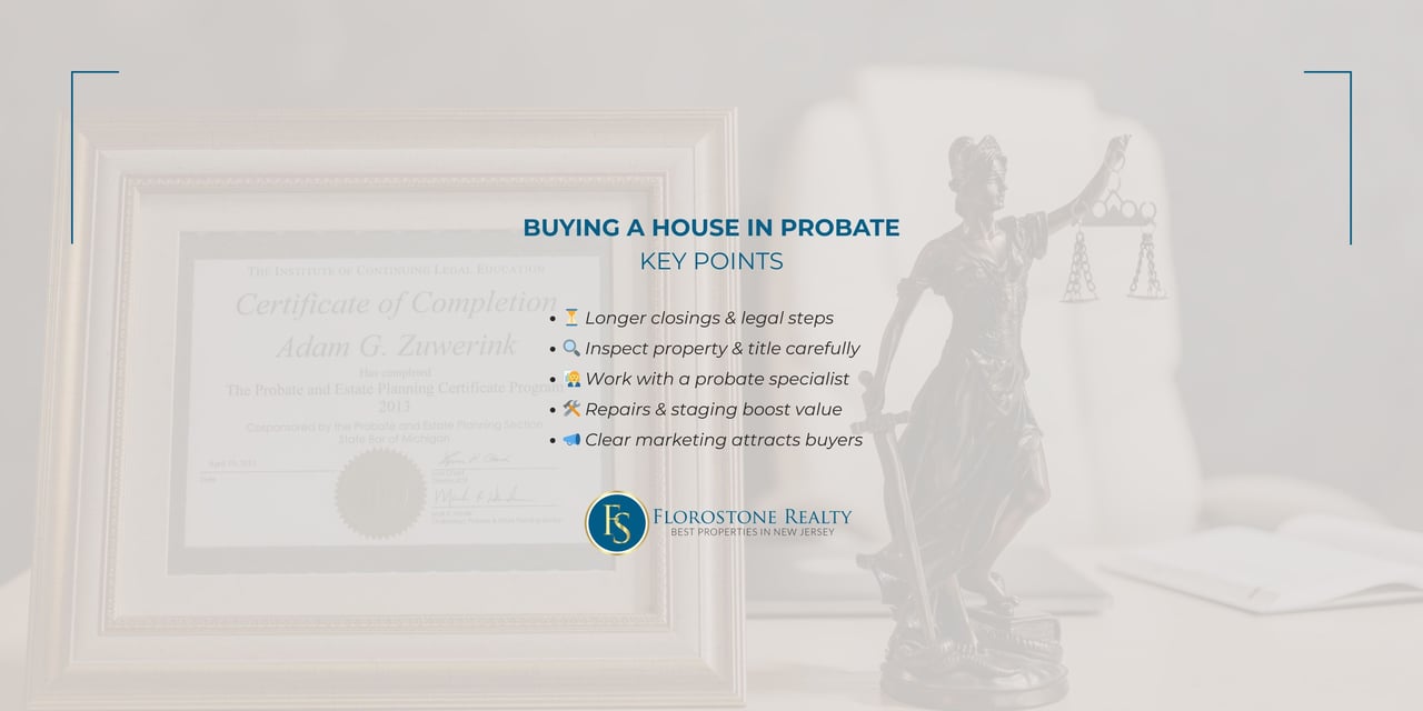 Graphic list of key probate home buying points including longer closings, inspections, probate specialists, repairs and staging, and clear marketing, branded with Florostone Realty logo.