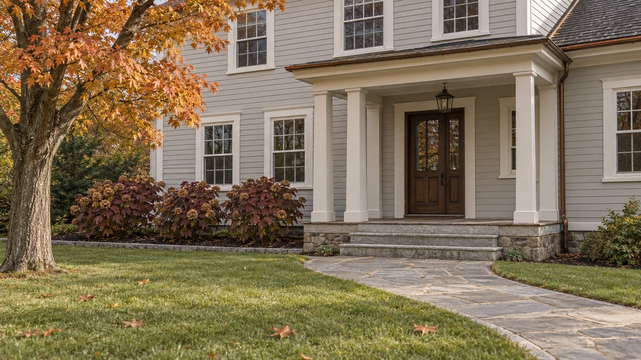 Pale clapboard home with a raised covered entry, granite steps and a bluestone walk across an autumn lawn beside an orange-leaved maple.