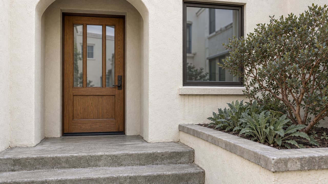 Arched off-white stucco entry with a closed oak-and-glass door, dark-framed window, concrete steps and a raised manzanita planting bed.