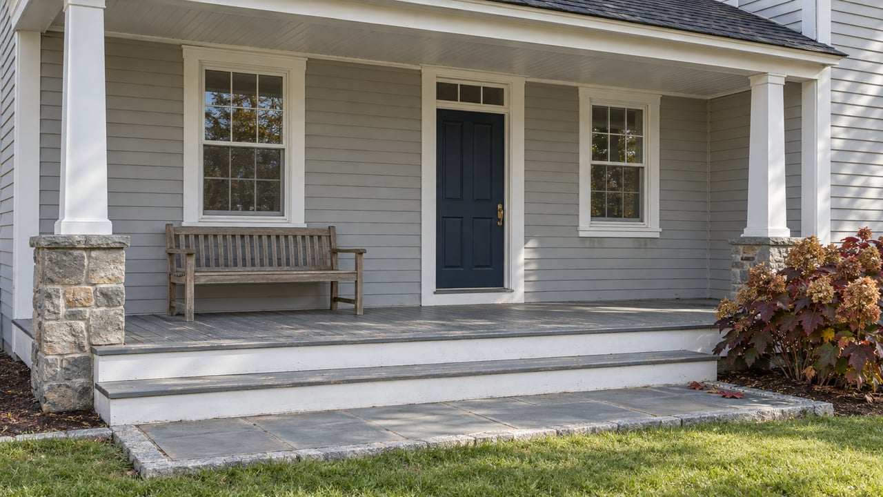 Pale-gray clapboard home with a covered side porch, navy door, bluestone landing, and burgundy oakleaf hydrangeas.