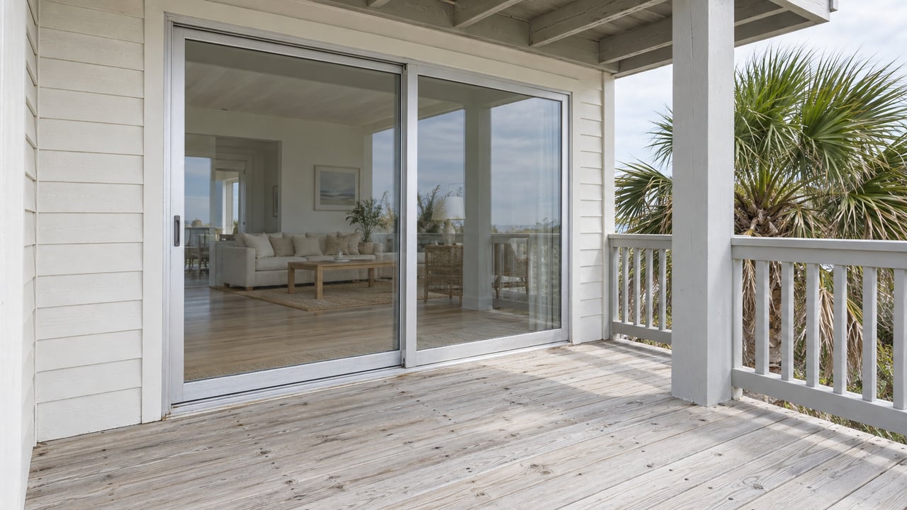 Raised beach-house porch with sliding glass doors, weathered decking, and a palm crown beyond the railing.