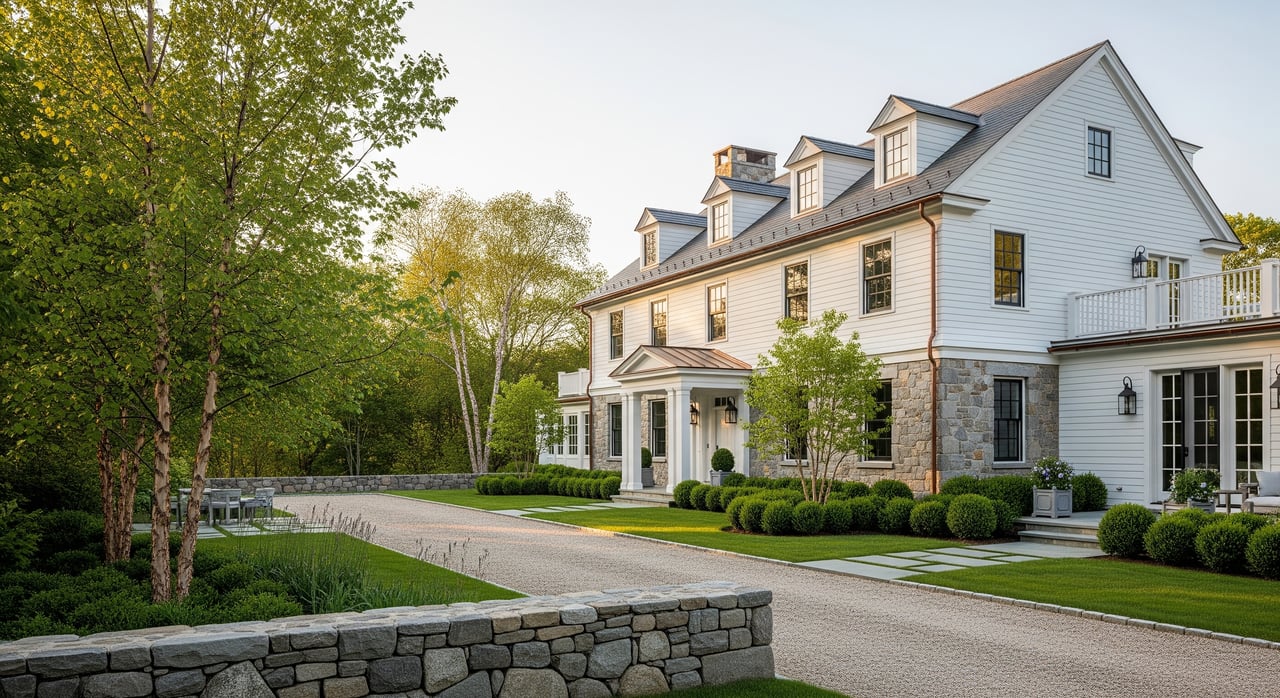 Large white house with gabled roof, dormer windows, stone accents, and curved gravel driveway.