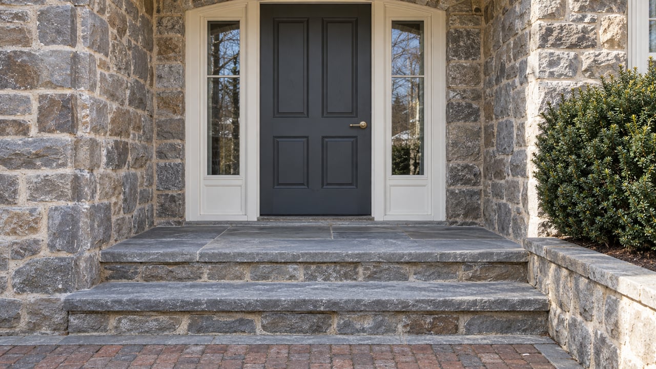 Historic stone home entrance with a charcoal door, paired sidelights, worn sandstone steps, and one dark evergreen specimen.