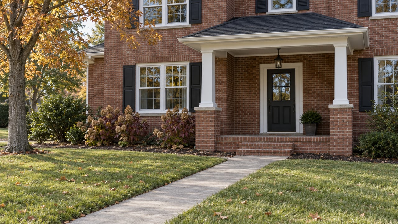 A red-brick home with a covered white-columned porch, broad autumn lawn and amber maple foliage.