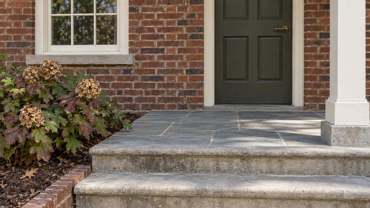 Red brick house entry with a cream-trimmed sash window, olive door, stone porch steps and autumn oakleaf hydrangea.