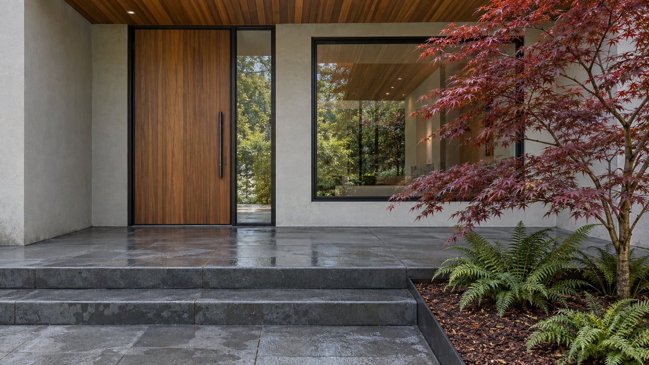 Contemporary home entry with a cedar pivot door, black-framed glazing, basalt steps and a burgundy Japanese maple after rain.